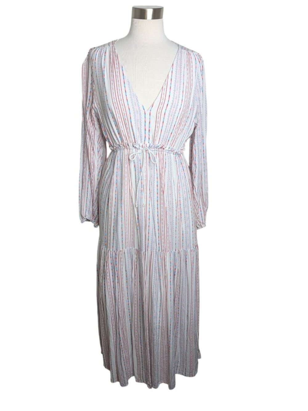 Few Moda Boho Size S/M Coastal Cowgirl Striped Long Sleeve Tiered Maxi Dress - Picture 7 of 12